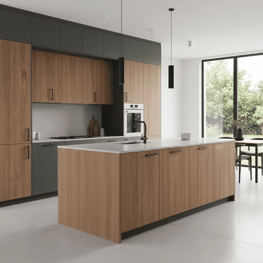 Modern kitchen with wood grain cabinets, grey upper storage, and a large matching wood island with a white countertop.