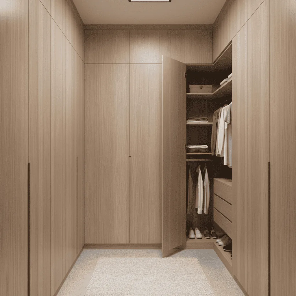Modern light wood walk-in closet with one open door revealing hanging clothes and shelves.