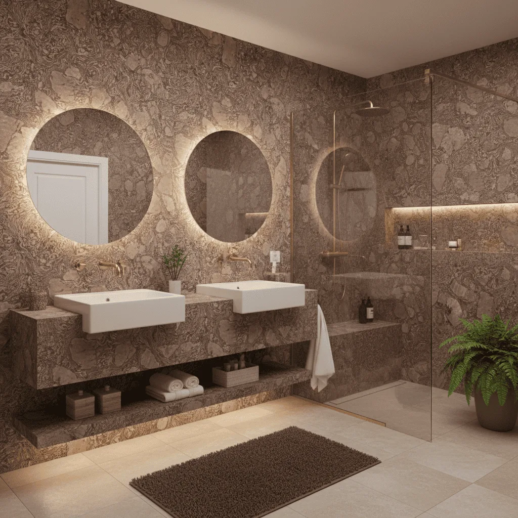 Modern bathroom with brown marble walls, two circular backlit mirrors, and white vessel sinks.