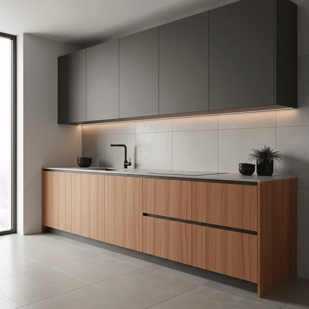 Modern minimalist kitchen with charcoal grey upper cabinets, light wood lower cabinets, and under-cabinet lighting.
