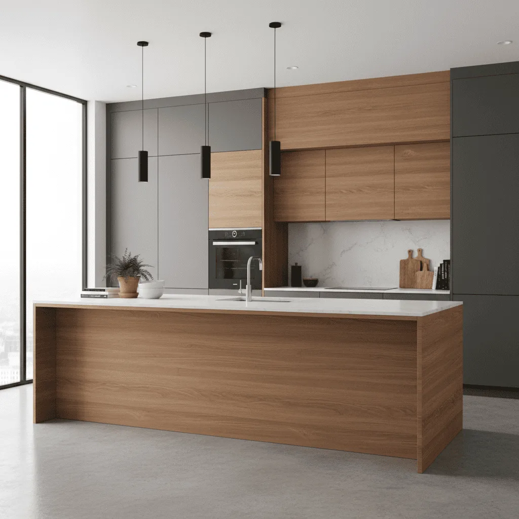 Modern kitchen with wood-paneled island, grey and wood cabinetry, and three black pendant lights.