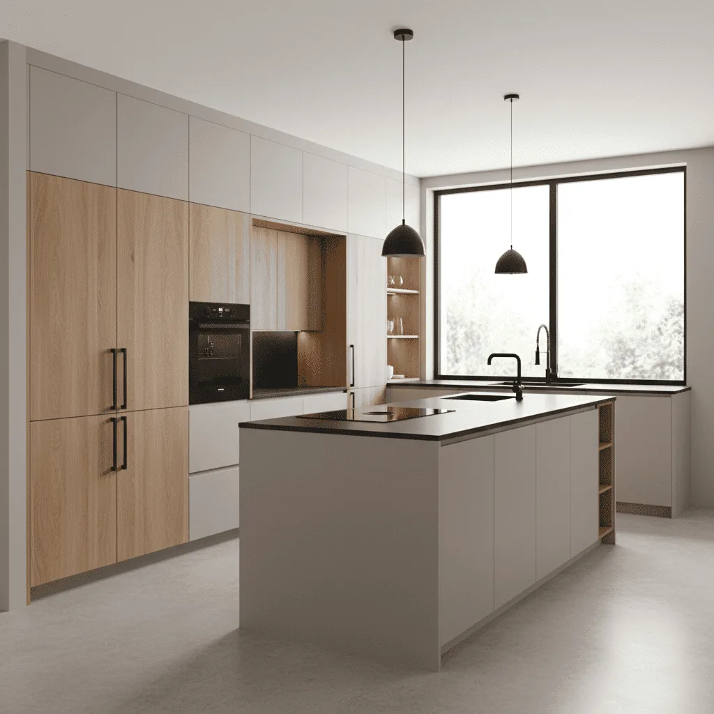 Modern minimalist kitchen with a large white island, wood-paneled cabinets, and two black pendant lights.