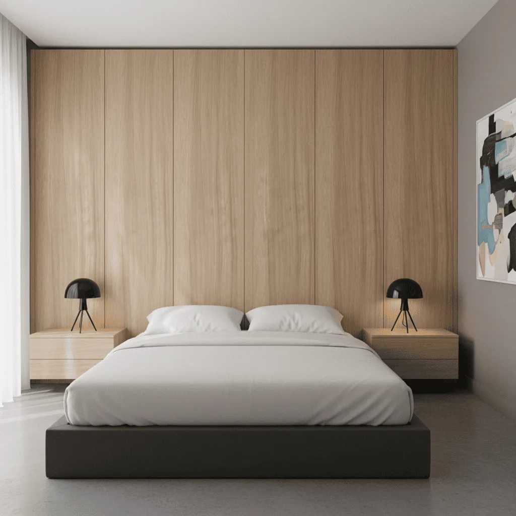 Modern bedroom with a white bed, wood panelled wall, and black bedside lamps.