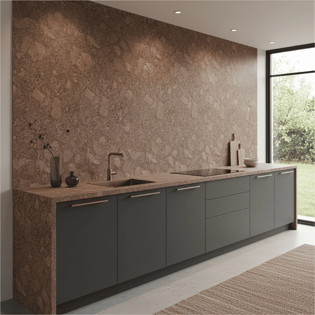 Modern kitchen with a brown marble backsplash and countertop paired with charcoal grey cabinets.
