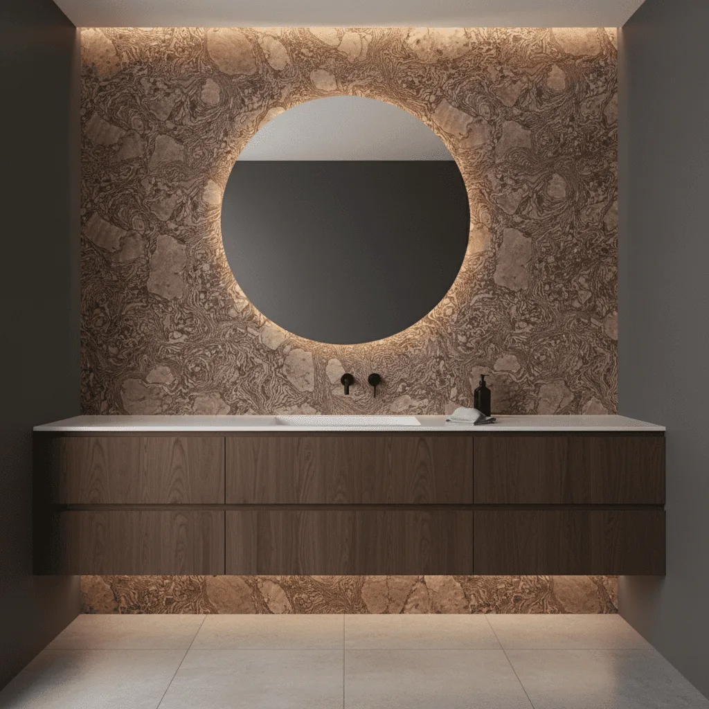 Modern bathroom vanity with a round backlit mirror and brown marble wall.