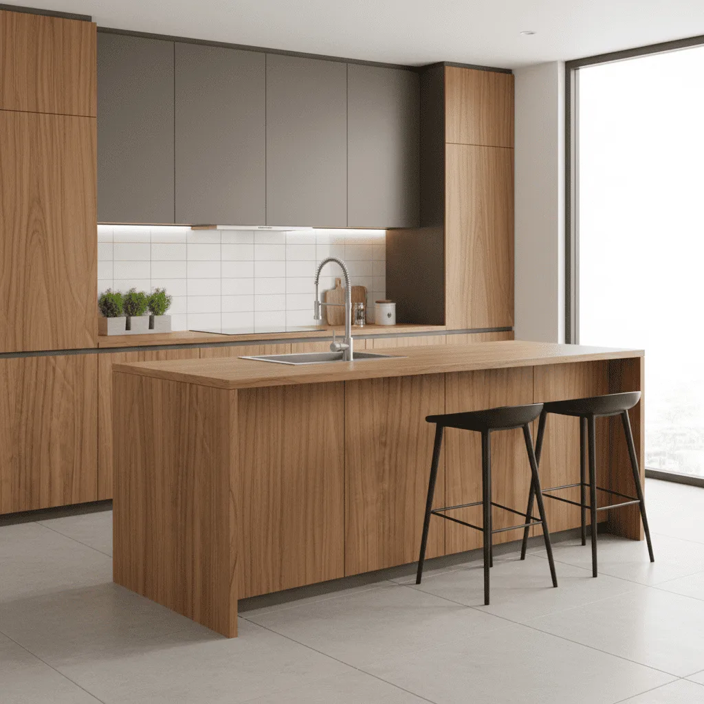 Modern kitchen with wood-grain cabinets, a large island with two black bar stools, and a white tiled backsplash.