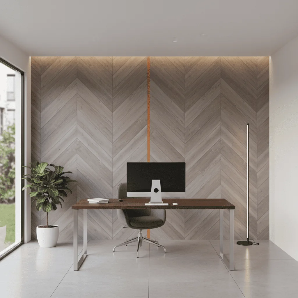 Modern home office with a wooden chevron wall, a desk with a computer, and a potted plant.