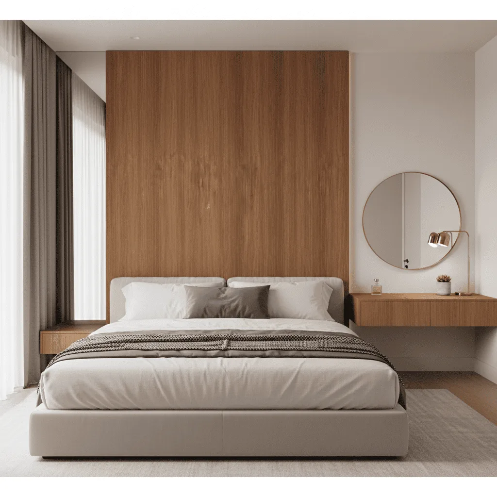 Modern bedroom with a beige bed, wood-paneled accent wall, and a round mirror above a floating wooden desk.