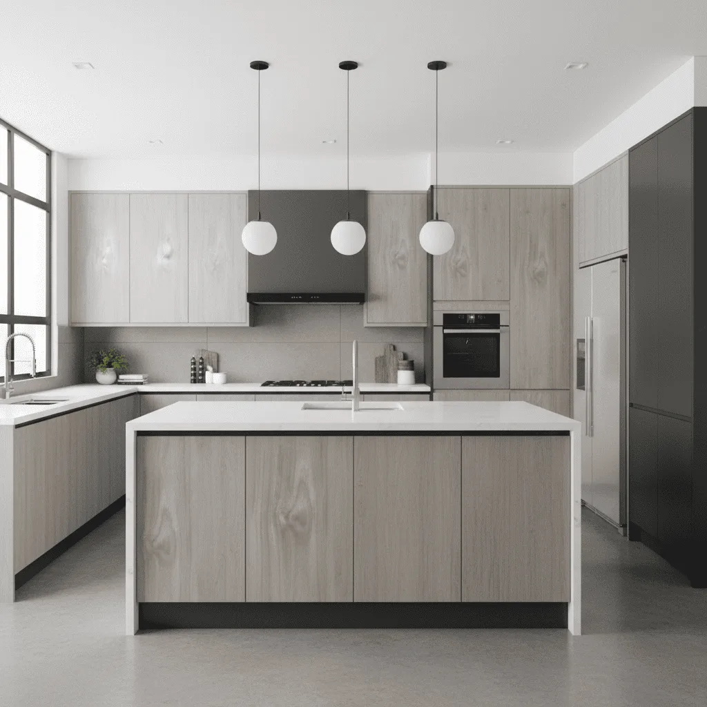 Modern kitchen with light wood cabinetry, white countertops, and three spherical pendant lights.