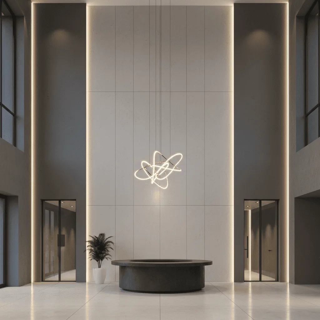 Modern hotel lobby with a sculptural light fixture, circular reception desk, and high ceilings.