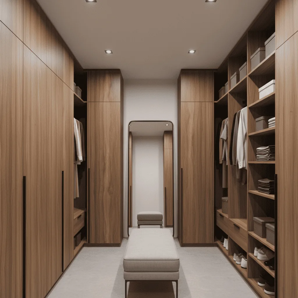 Modern walk-in closet with wood cabinetry, open shelving, and a beige upholstered bench.