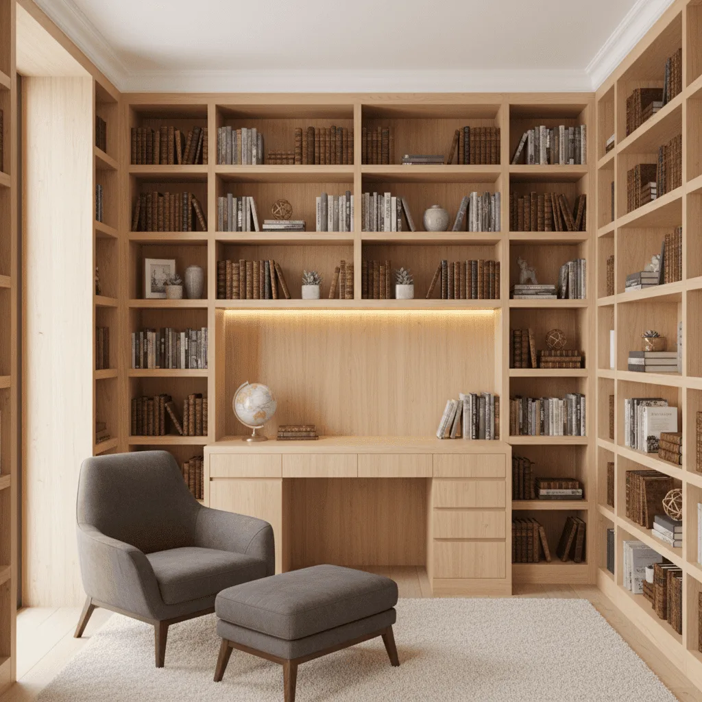 Light wood built-in bookshelves surrounding a desk, with a grey armchair and ottoman on a white rug.