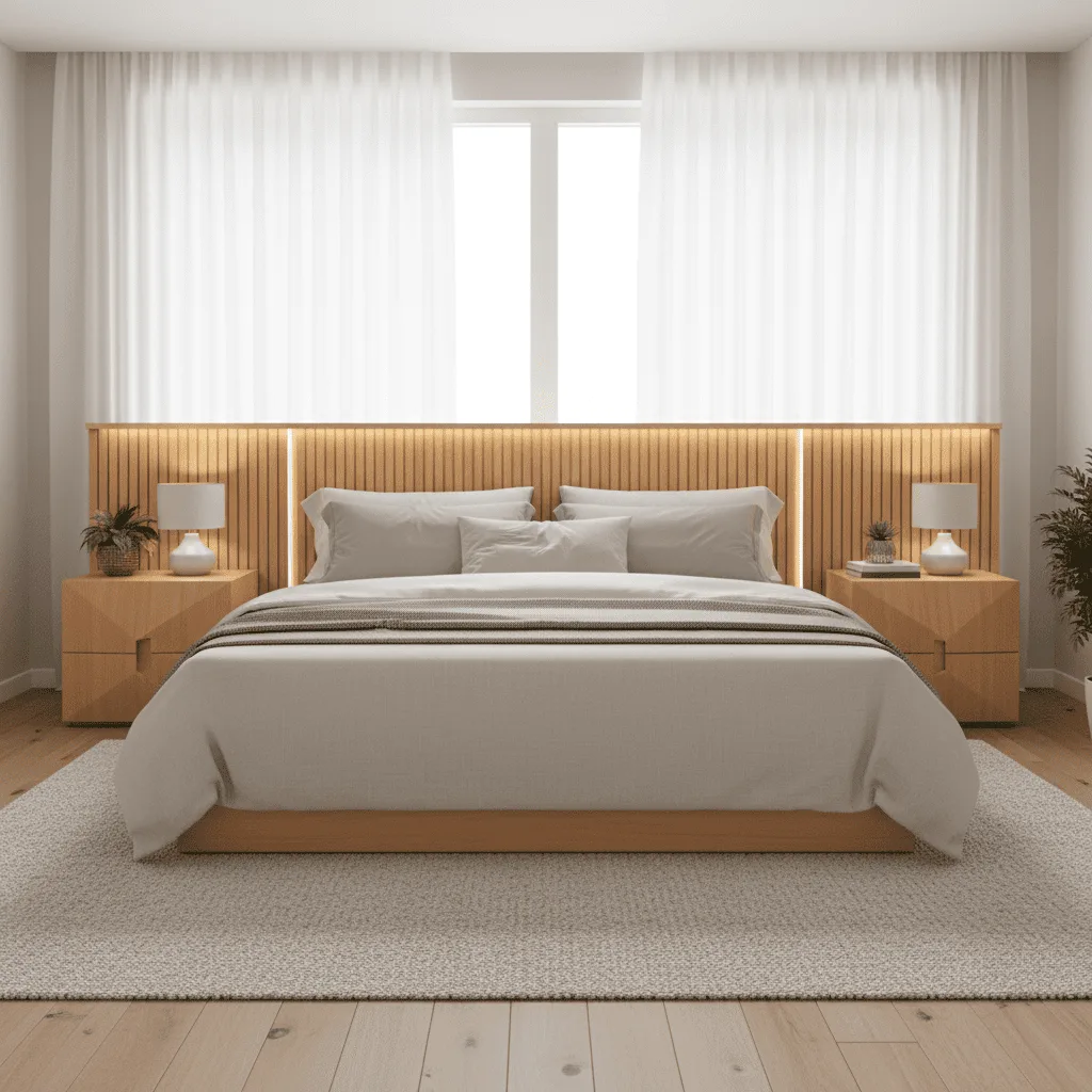 Modern bedroom with a white bed, slatted wood headboard with integrated lighting, and matching nightstands.