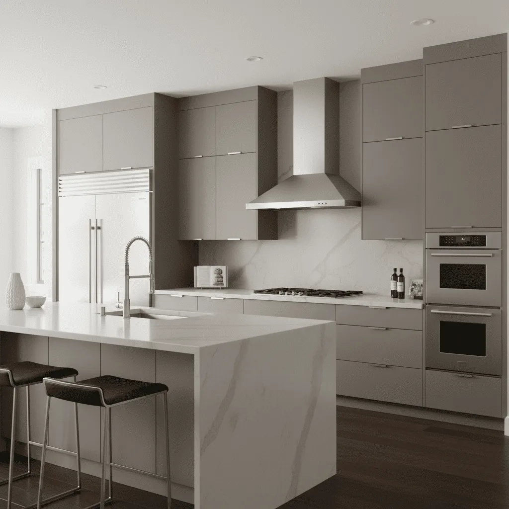 Modern kitchen with grey cabinets, white marble island, and stainless steel appliances.