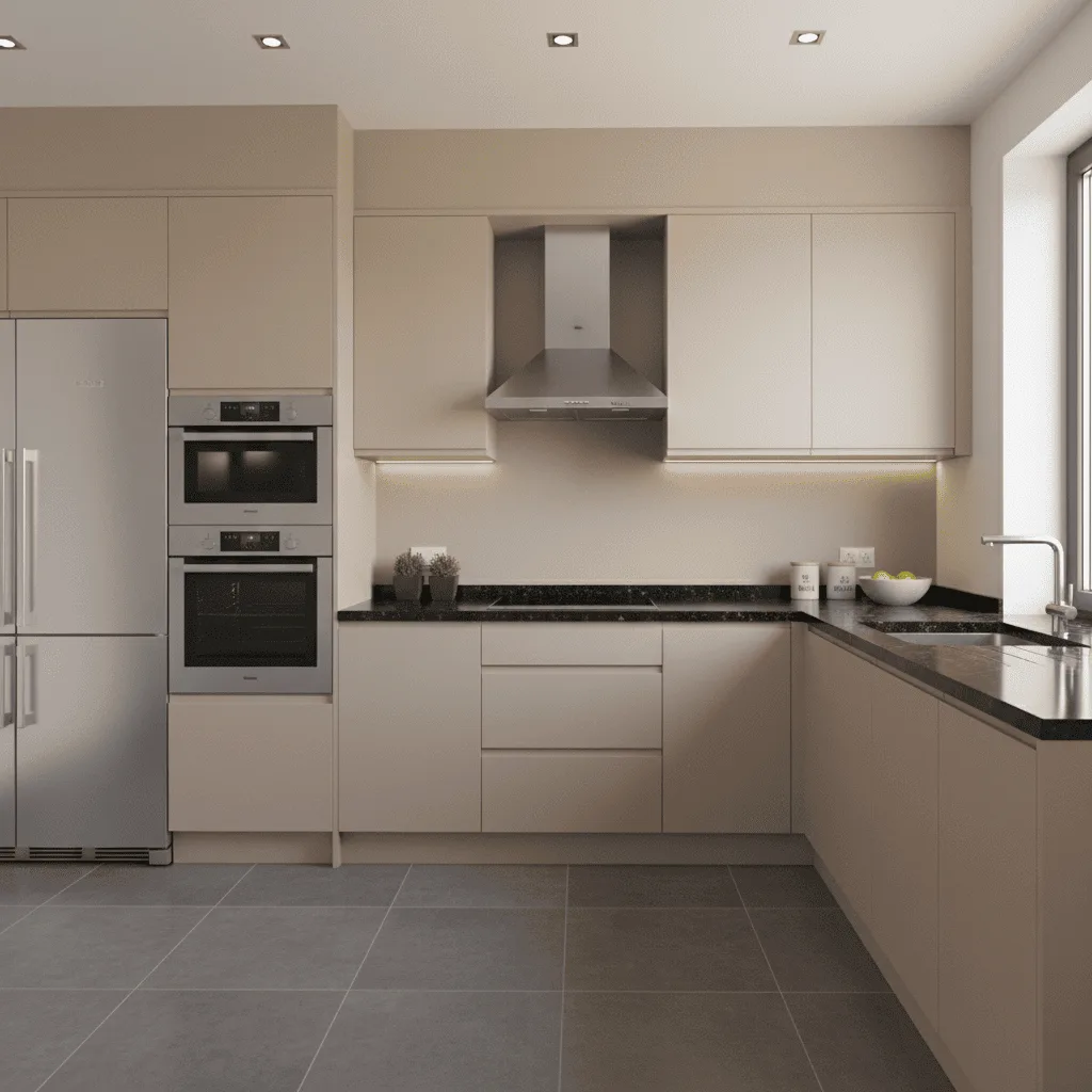 Modern kitchen with beige cabinets, black countertops, and stainless steel appliances.