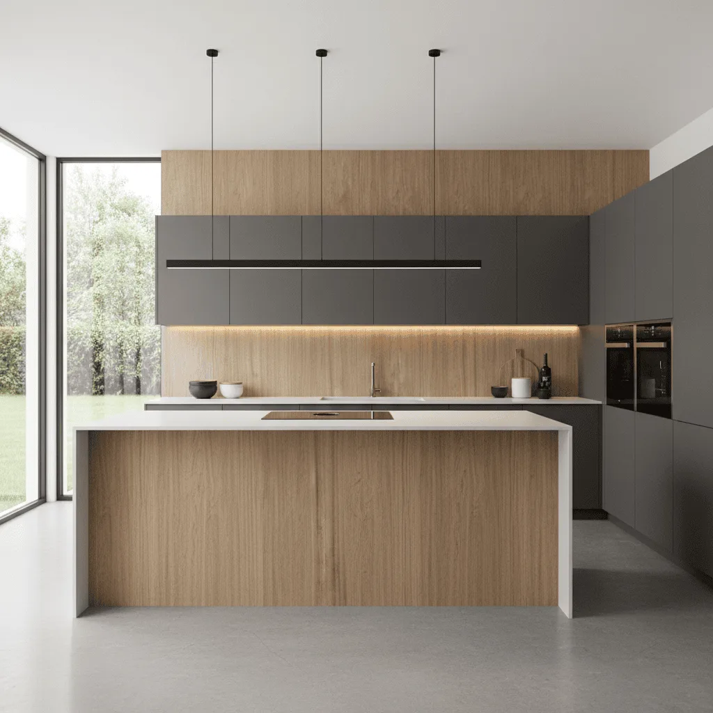 Modern kitchen with grey cabinetry, wood paneling, and a large white-topped island.