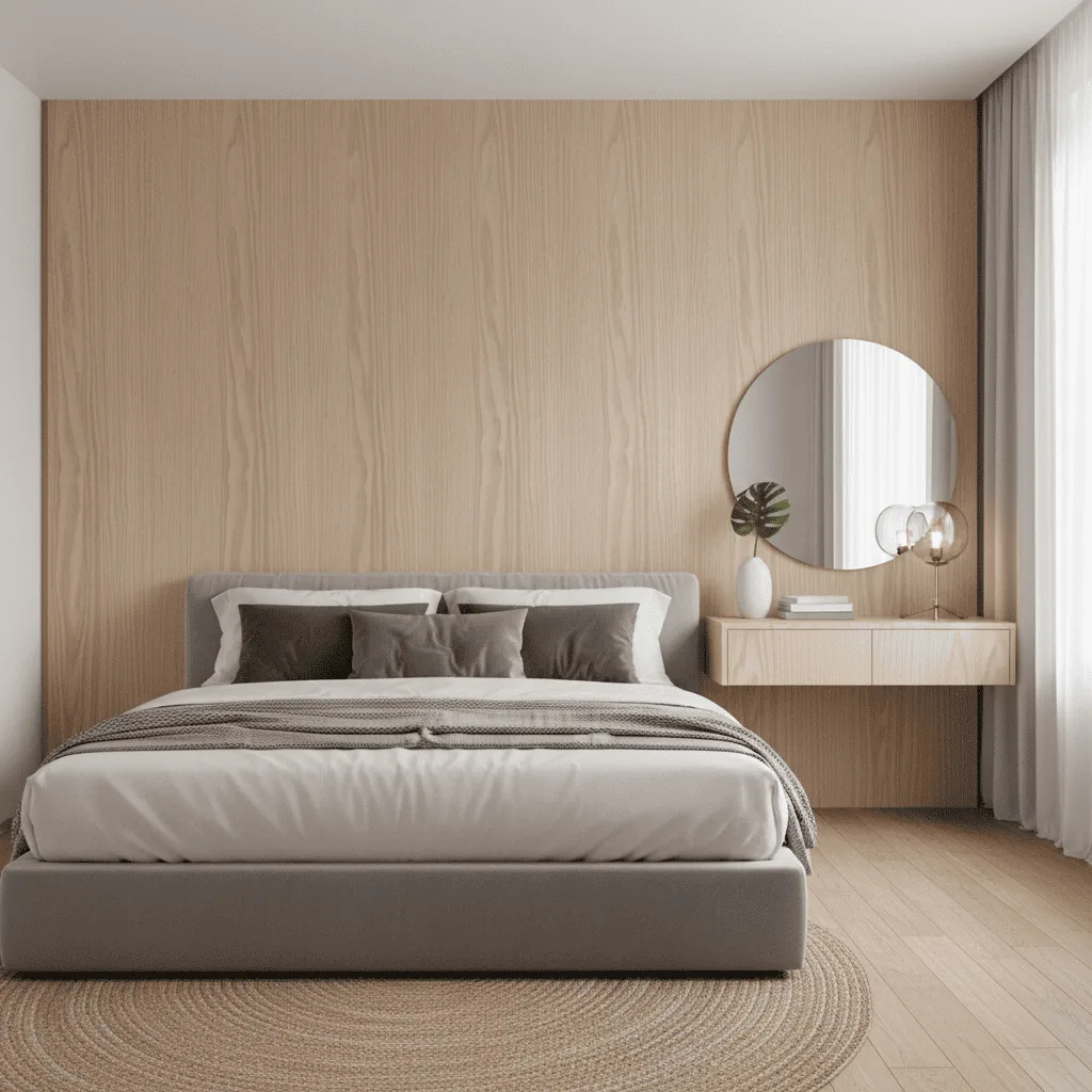 Modern bedroom with a grey upholstered bed, wood-paneled wall, and a round mirror above a floating shelf.