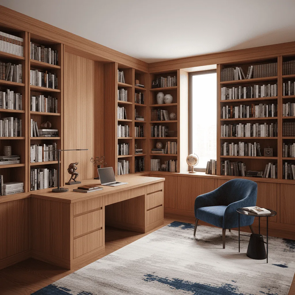A home office with floor-to-ceiling wooden bookshelves, a matching desk with a laptop, and a blue armchair.