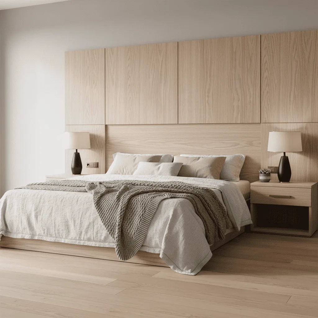 Modern bedroom with a bed, neutral linens, wooden paneling, and matching bedside tables with lamps.