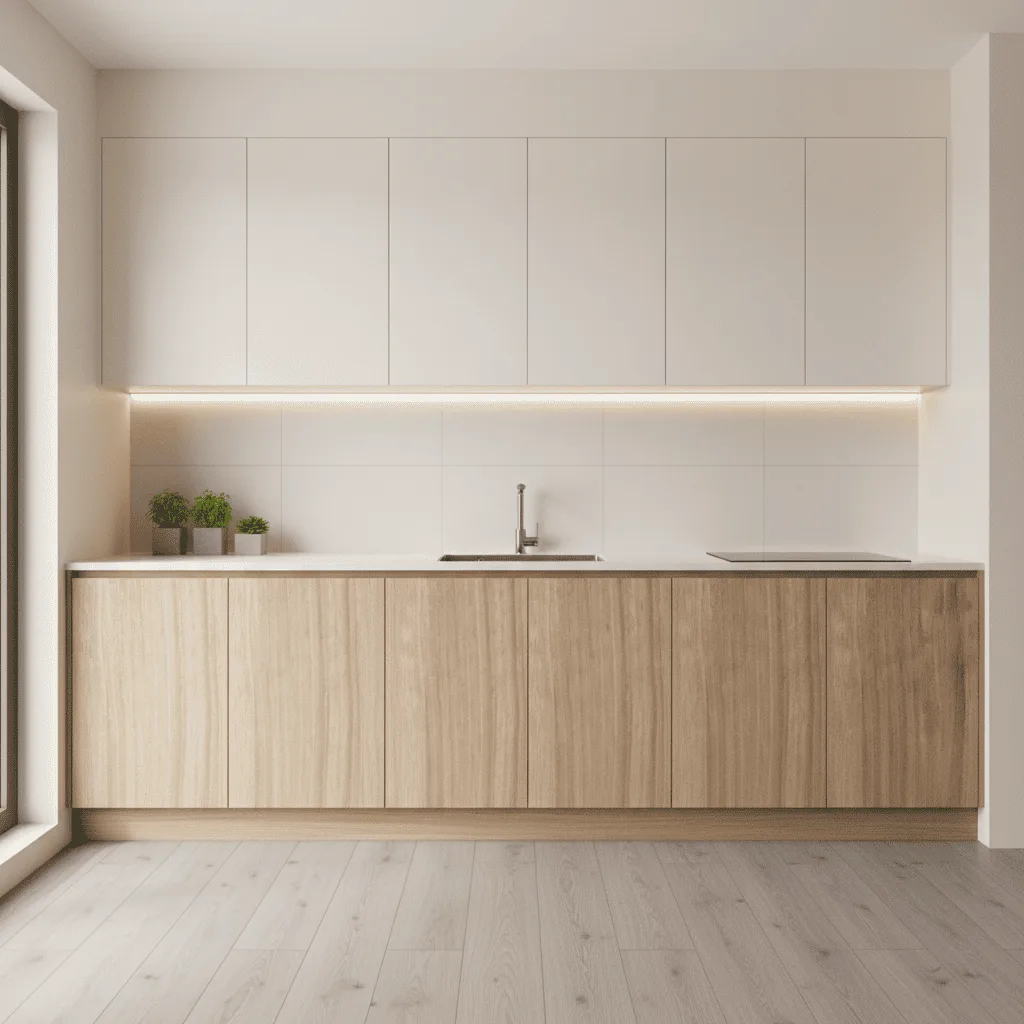 Modern kitchen with white upper cabinets, light wood lower cabinets, and a white countertop.