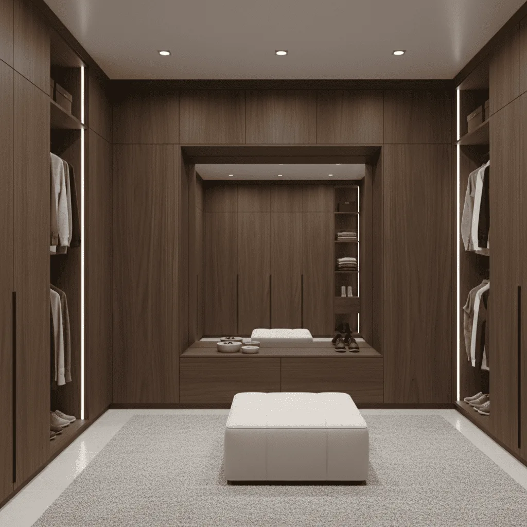Modern walk-in closet with dark wood cabinetry, integrated lighting, and a white leather ottoman on a light rug.