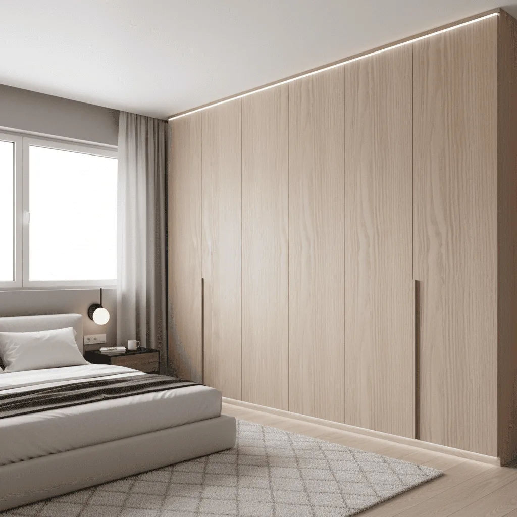 Modern bedroom with a large light wood built-in wardrobe and a white bed with a patterned rug.