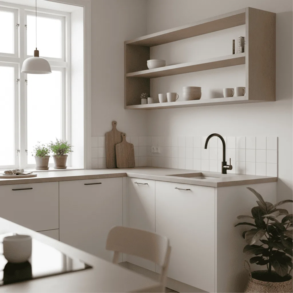 Modern minimalist kitchen with white cabinets, a black faucet, and an open wooden wall shelf.