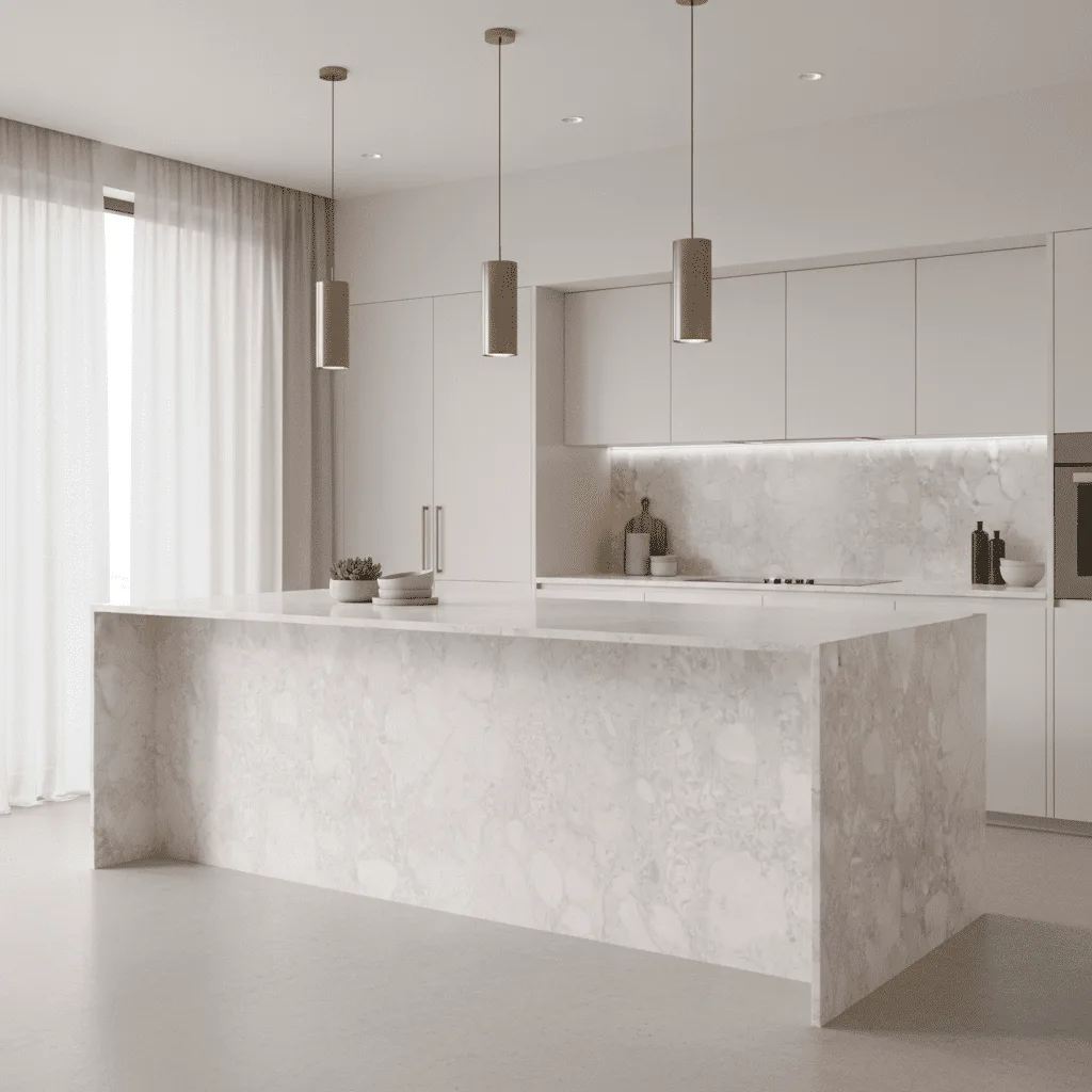 Modern minimalist kitchen with a large white marble island, white cabinetry, and three cylindrical pendant lights.