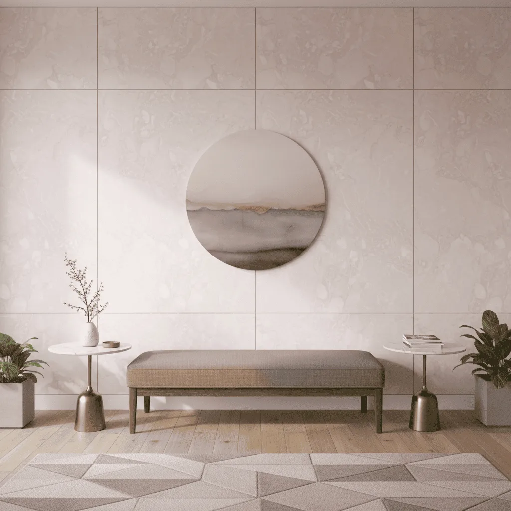 A minimalist room with a round wall art piece, a long bench, and two small side tables against a marble wall.