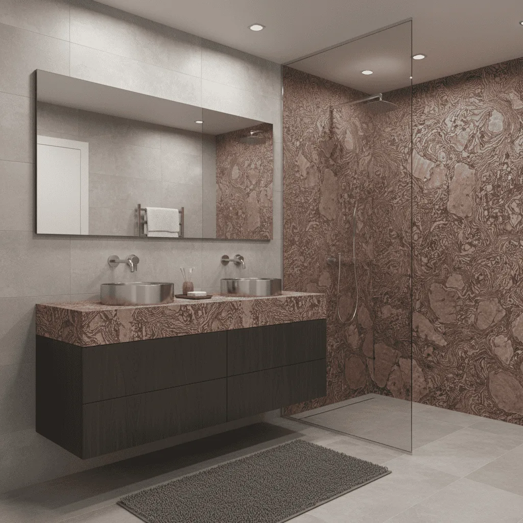 Modern bathroom with brown marble vanity and shower walls, double vessel sinks, and a large mirror.