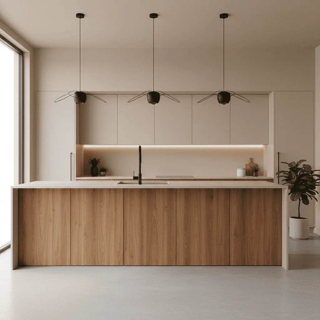 Modern kitchen with a wooden island, white upper cabinets, and three black pendant lights.