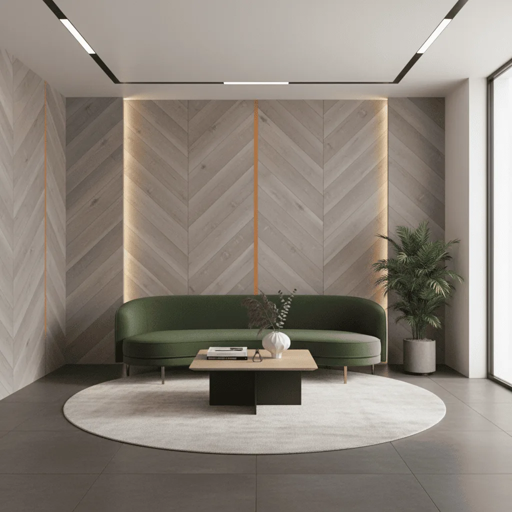 Modern living room with a curved olive green sofa, wood chevron wall panels, and a round white rug.
