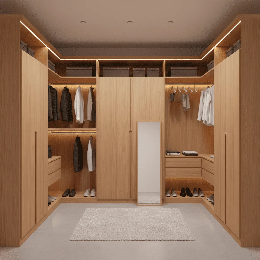 Modern light-wood walk-in closet with integrated LED lighting, clothing, and a full-length mirror.