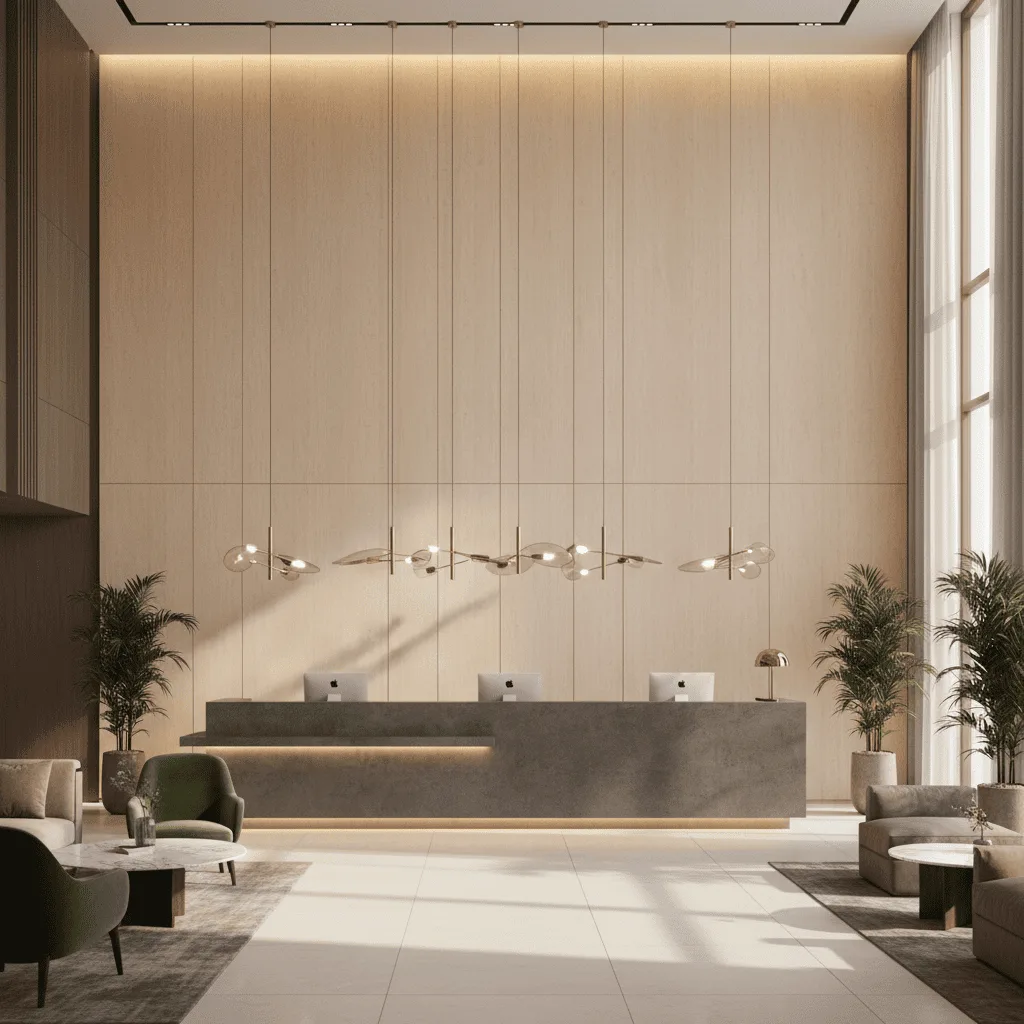 Modern hotel lobby with a grey reception desk, wooden wall, and minimalist pendant lighting.