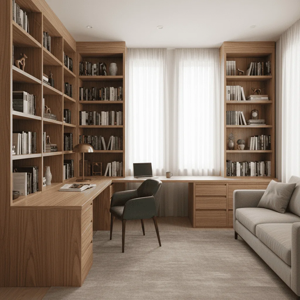 Modern home office with wood shelving, an L-shaped desk, a grey chair, and a beige sofa.