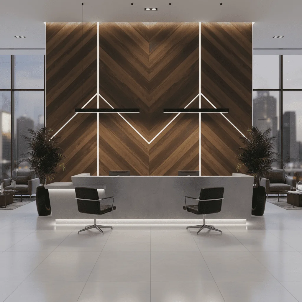 Modern office reception area with a white desk, two black chairs, and a wooden chevron wall with white light strips.