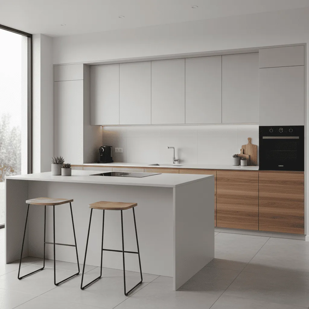 Modern minimalist kitchen with a white island, wood lower cabinets, and white upper cabinets.