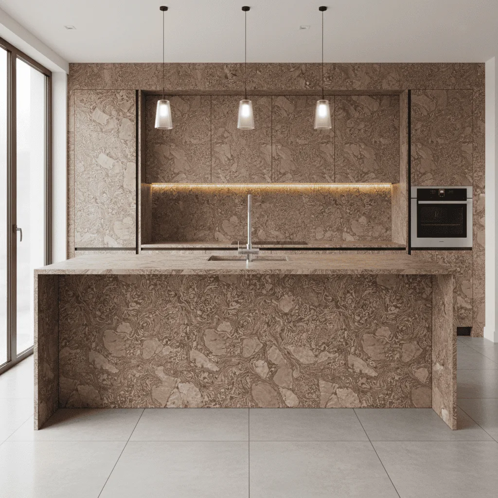 Modern kitchen with brown marbled stone island, matching cabinets, and three pendant lights.