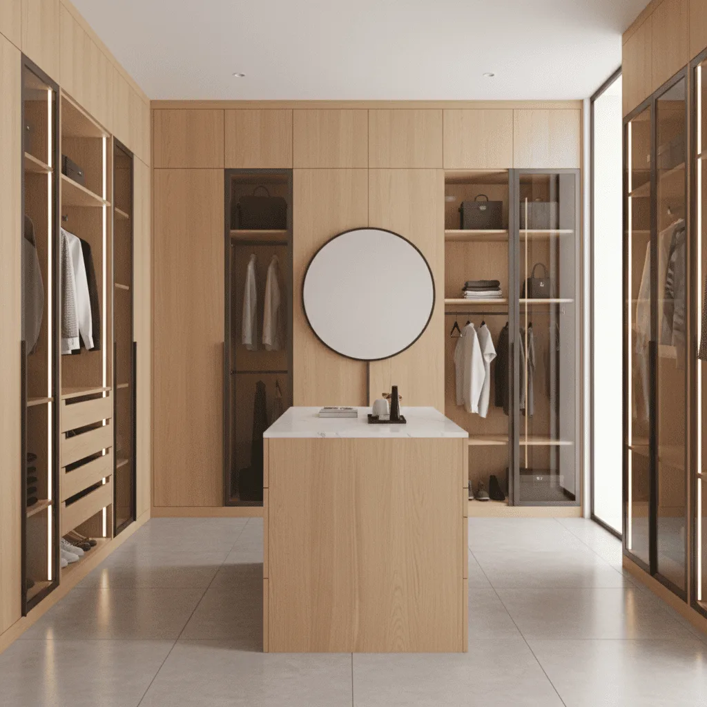 Modern light wood walk-in closet with glass doors, integrated lighting, and a central marble-top island.
