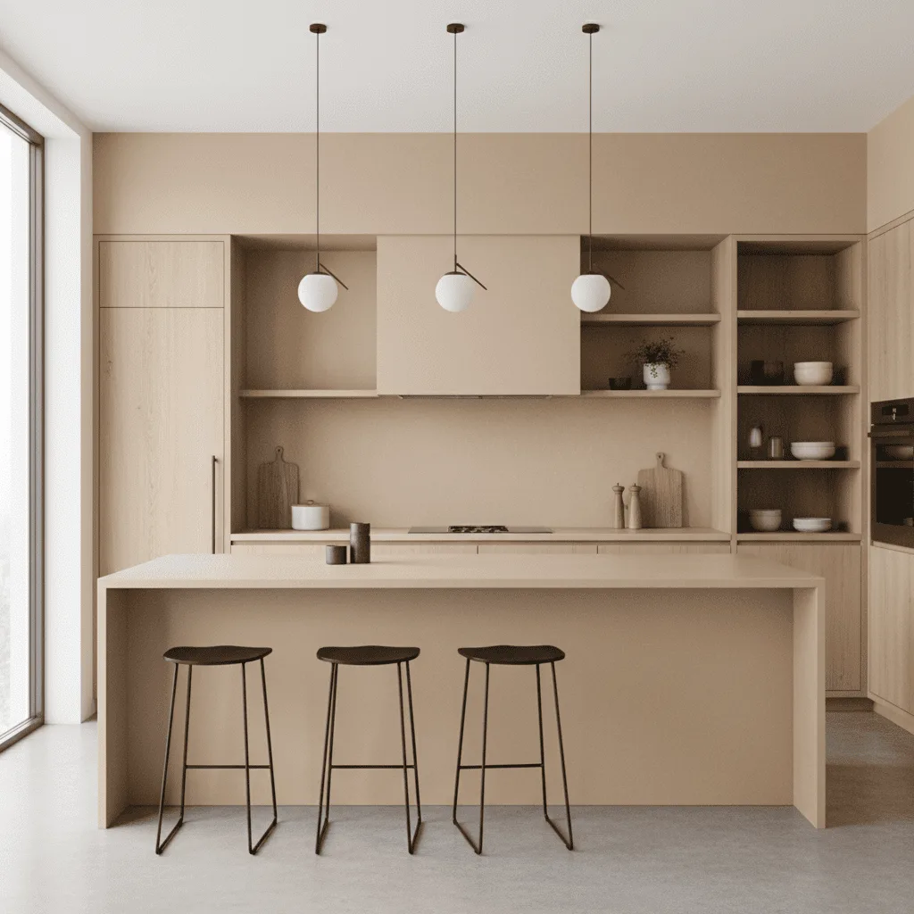 Modern beige kitchen with three black bar stools at a large central island.