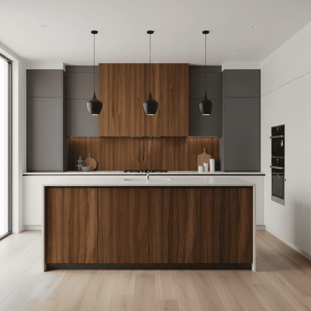 Modern kitchen with a wood-paneled island, grey and wood upper cabinets, and three black pendant lights.