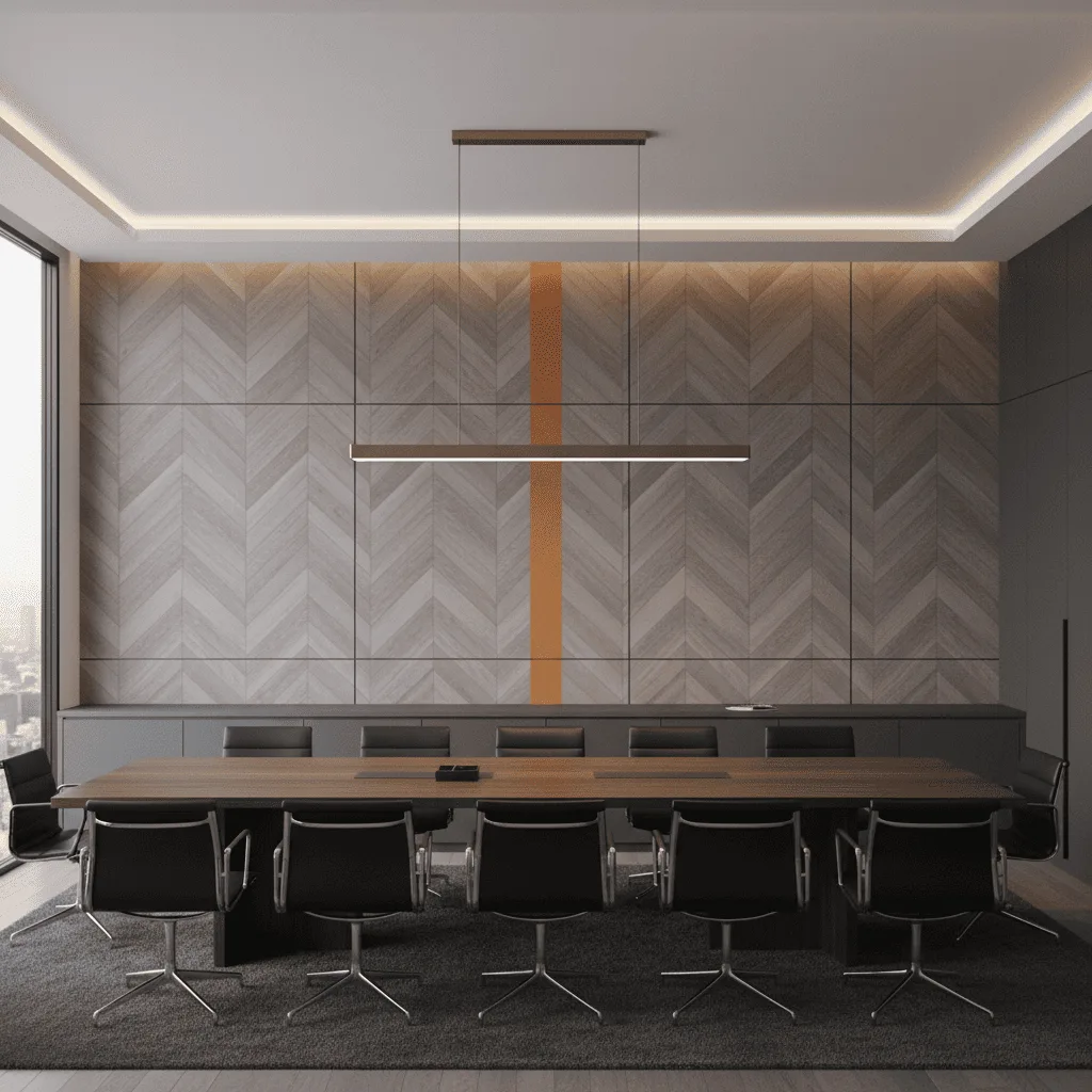 Modern conference room with a long wooden table, black leather chairs, and a herringbone wood paneled wall.