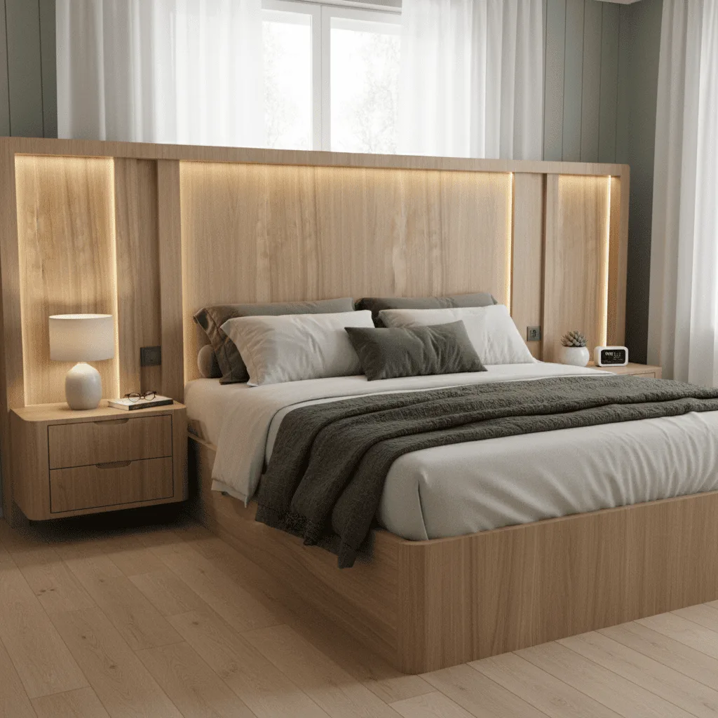 Modern bedroom with a light wood bed frame, integrated headboard lighting, and white and grey bedding.