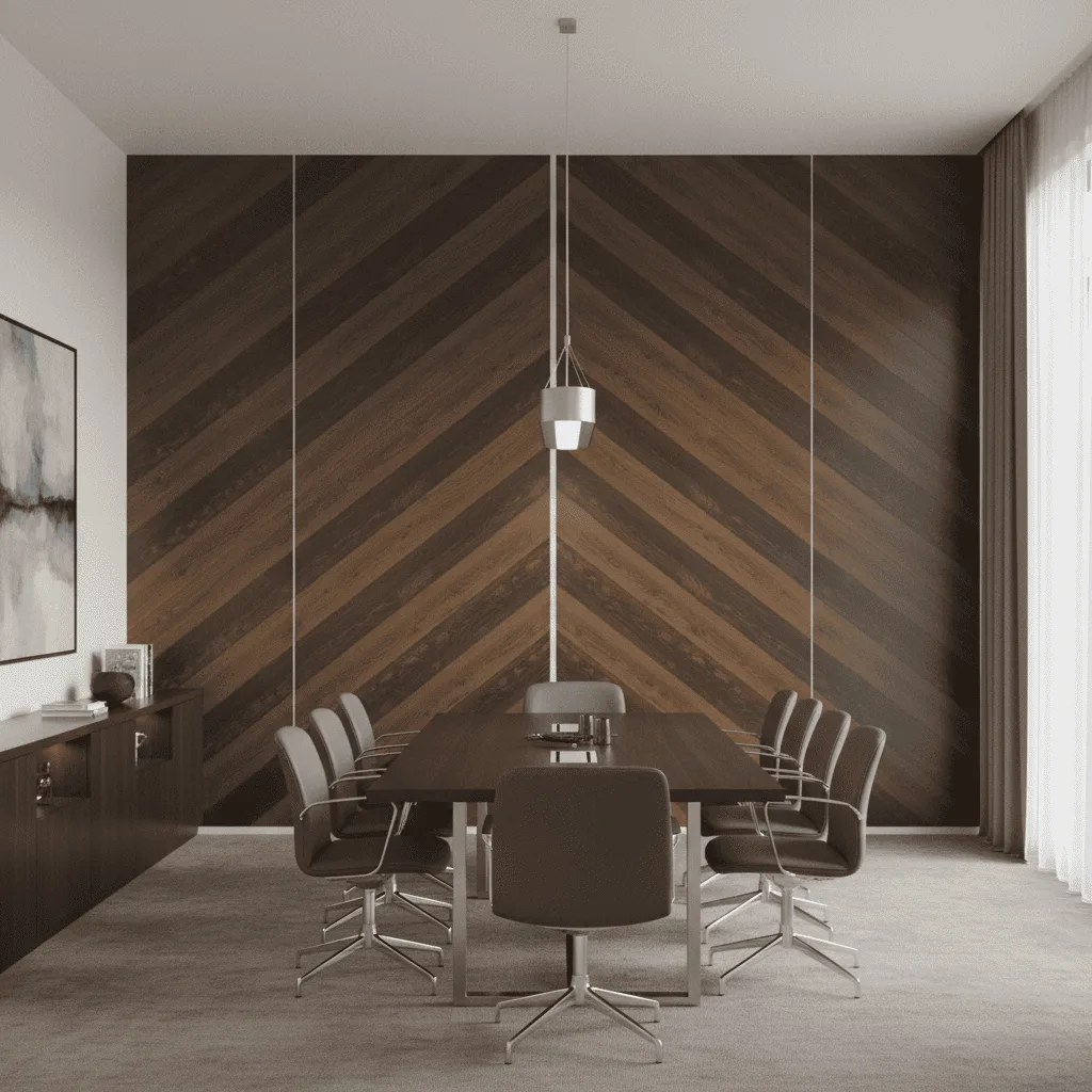 Modern conference room with a long dark wood table and grey chairs against a chevron-patterned wood accent wall.