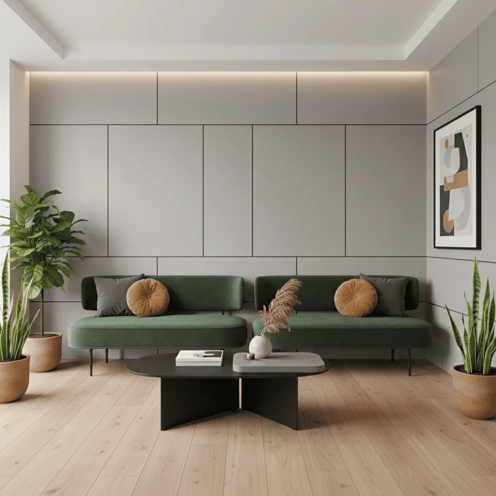 Two green velvet sofas with round brown pillows, a black coffee table, and potted plants in a modern room.