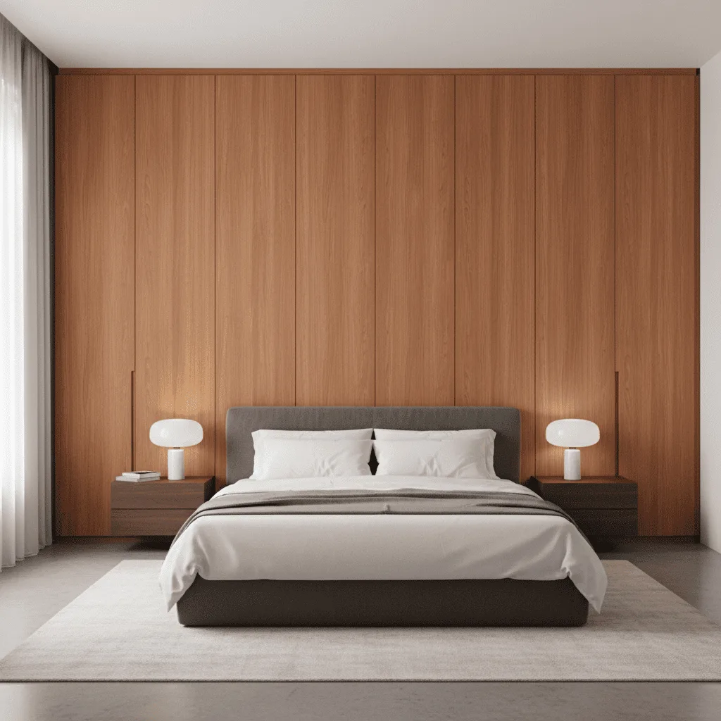 Modern bedroom with a gray bed, white linens, and a full-wall wooden panel backdrop with two nightstands and lamps.