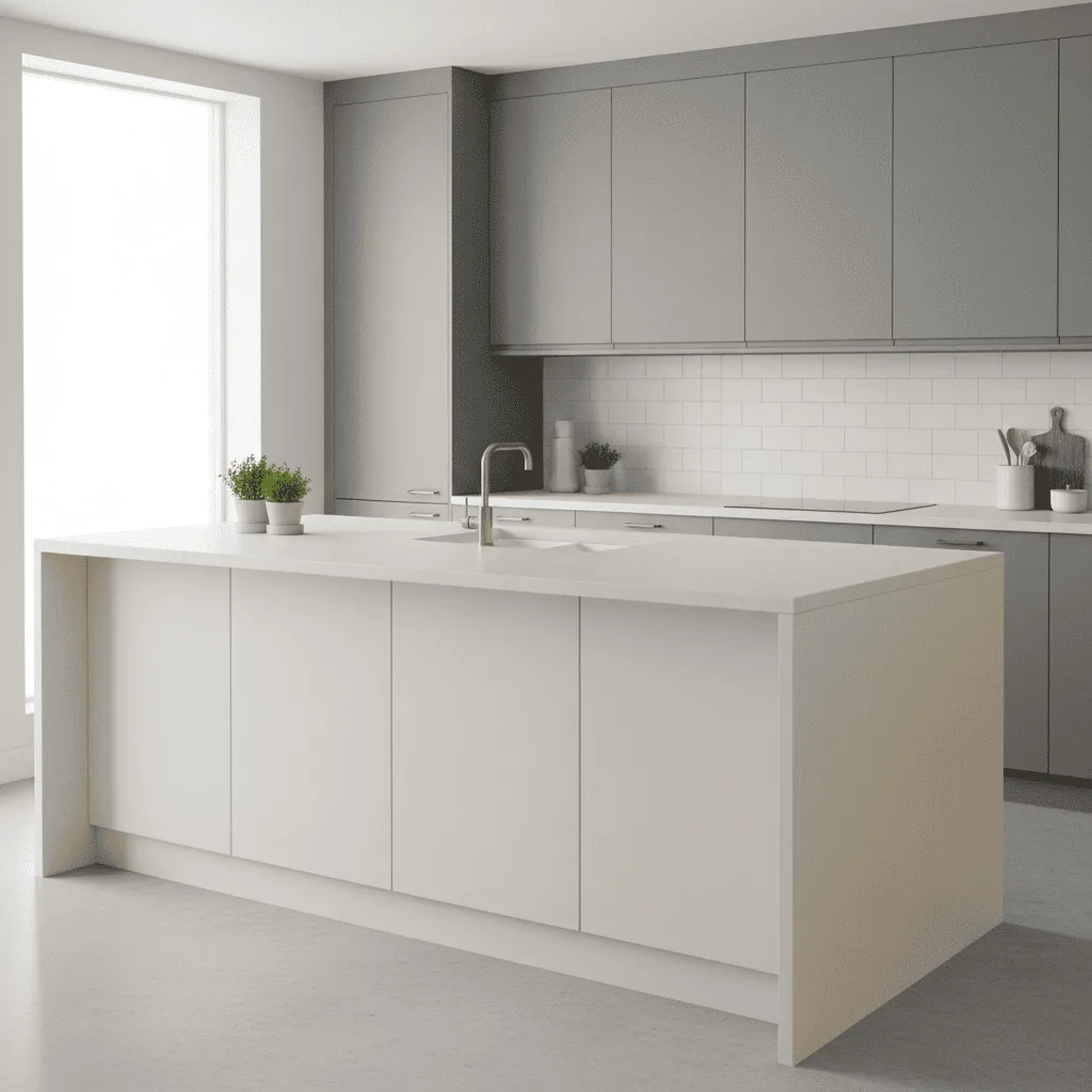 Modern minimalist kitchen with a white island, grey cabinetry, and white tiled backsplash.
