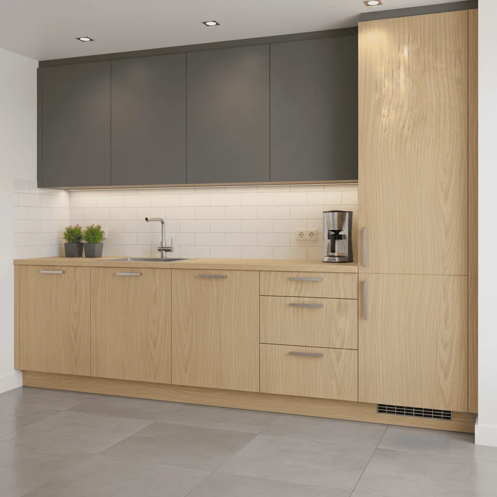 Modern kitchen with light wood lower cabinets, grey upper cabinets, and white tiled backsplash.