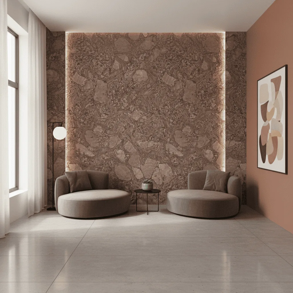 Modern living room with two curved beige chairs, a small side table, and a brown marble feature wall.