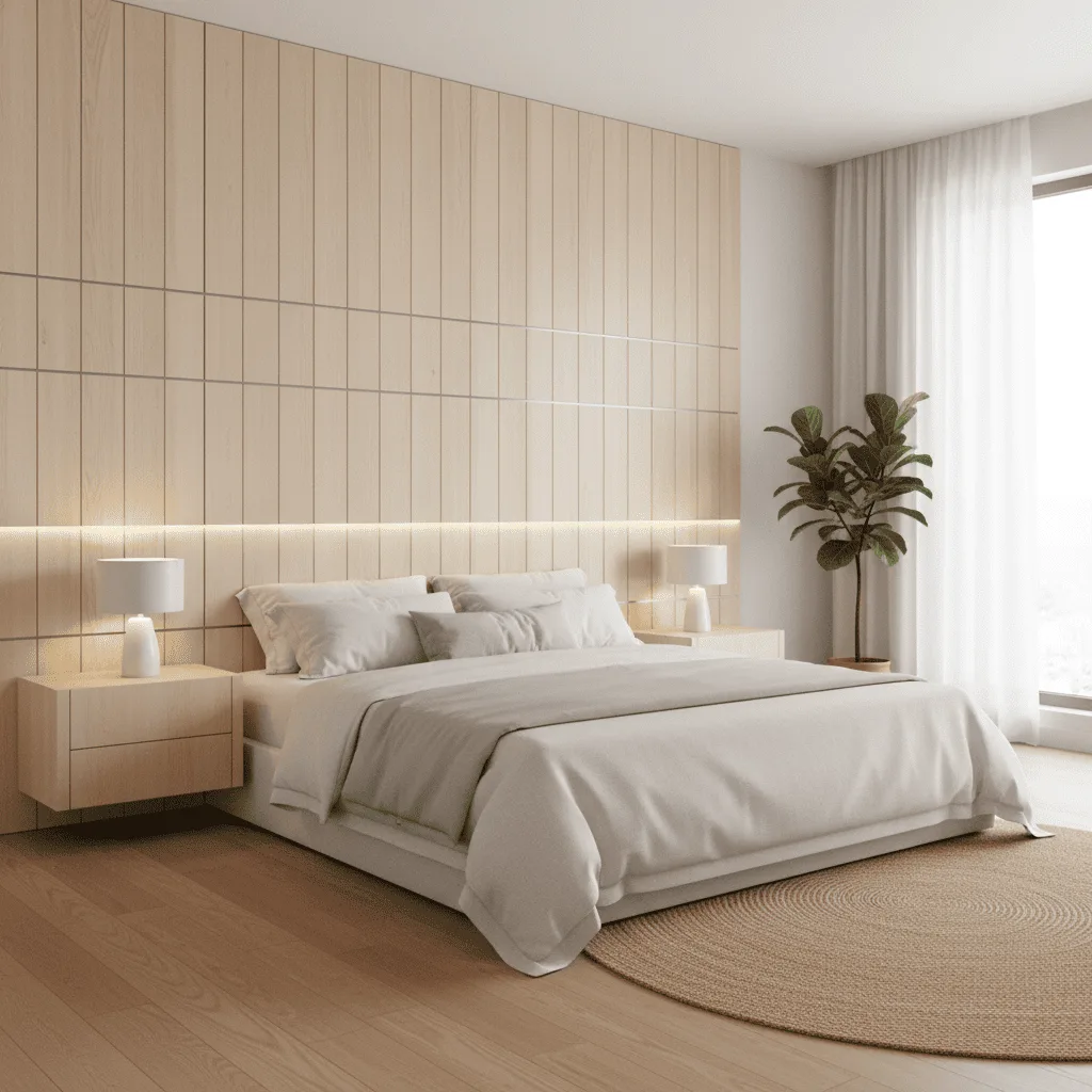 Modern bedroom with a white bed, light wood paneled wall, and minimalist nightstands.